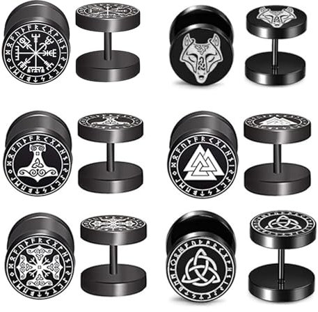 Bulckrew Herren Ohrringe Wikinger Ohrstecker: 6 Paare Ohr Stecker Kreis Viking Gotik Stil Schwarz Studs Piercing aus Edelstahl Lebensbaum Wolf Keltischer Knoten Geschenk für Männer