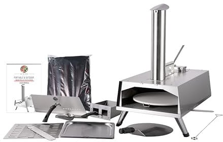 2-in-1 Portable Wood Wood Fire -Outdoor Oven - Grill Smoker - With Manual Rotating System - Accessories Package - Raincover, Grill Tools, 12 Pizza Stone, Pizza Shovel, Pellet Spoon