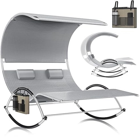 KESSER® Doppel-Sonnenliege Doppelliege mit Sonnendach, Kopfkissen Tasche für 2 Personen, Relaxliege, Gartenliege, Schaukelliege ergonomische Liegefläche, 240 kg Belastung, Seitentasche, Grau
