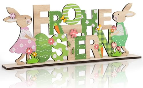 Ostern Deko Hase, Deko Aufsteller für Ostern mit Schriftzug und Osterhase, Osterdekoration aus Holz für Tischdeko Ostern Frühling