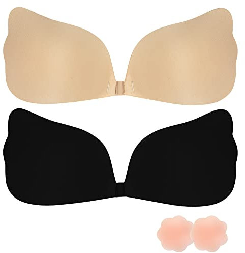 Set Di 2 Coppie Di Reggiseni Adesivi Invisibili Senza Spalline Riutilizzabili In Beige E Nero Reggiseno Adesivo In Silicone per Abiti Senza Schiena Con Effetto Adesivo Ideale per Outfit Eleganti.
