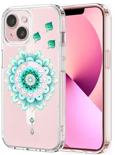 Unov Case Compatible with iPhone 13 Mini iPhone 12 Mini Case Magnetic Clear with Design Compatible with MagSafe Slim Protective Soft TPU Bumper with Hard PC Back Embossed Pattern (Mint Mandala)