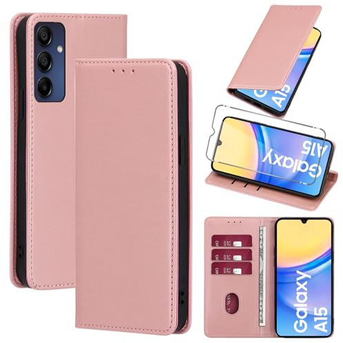 Vauki Coque Cuir pour Samsung Galaxy A15 5G 6.5 avec 1 Verre Trempé Etui à Rabat en PU Porte-Cartes Portefeuille Support Flip Housse Magnétique Antichoc Anti-Rayures Case,Rose_Gold