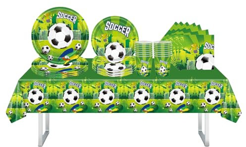 Football Birthday Party Tableware Set,69Pcs Football Theme Party Supplies Decorations,Plastic Table Cloth,Paper Plates Napkins and Cups for Kids Boys Birthday Sports World Cup Theme Parties Decor