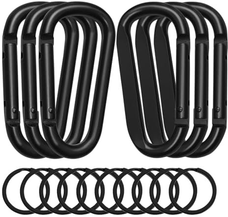 6 Stück Karabinerhaken Groß, Karabiner Schwarz mit 10 Runden Karabinern, Tragbare Carabiner, Karabiner Klettern aus Aluminiumlegierung, Karabinerhaken Schwarz D-Clip für Wanderungen im Freien