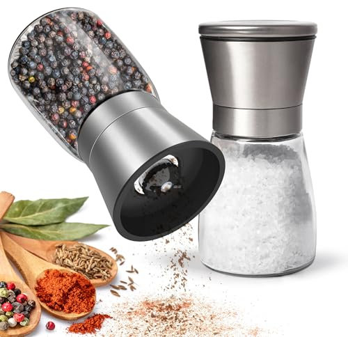KitchenBoss Salz und Pfeffermühle 2er Set:Gewürzmühle Einstellbar Salzmühle für Grobes Salz, Salt and Pepper Grinder mit Keramikmahlkern, für Salz, Pfeffer, Chilli (Unbefüllt)