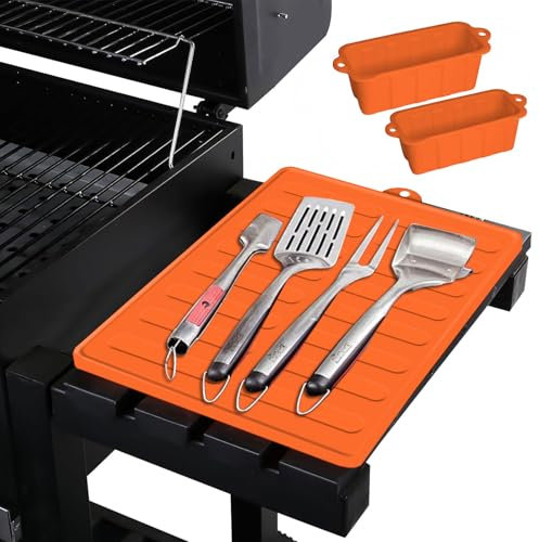 SIRUITON Silikon-Pfannenunterlage & Grill-Becher Zubehör für Blackstone, Seitenregal-Mat Grill-Untersetzer für Outdoor-Grillküche, Silikon-Fettbecher-Beutel, Wiederverwendbare BBQ-Fettfänger (Orange)