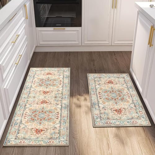Cekene Tapis de couloir vintage à poils courts antidérapant pour cuisine, couloir, chambre à coucher, buanderie (beige, 50 x 80 cm + 50 x 120 cm)