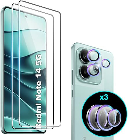 Heioloo 4 Piezas Protector de Pantalla para Xiaomi Redmi Note 14 5G, 2 Piezas Cristal Templado con 2 Piezas Protector de Lente de cámara, Sin Burbujas, Dureza 9H