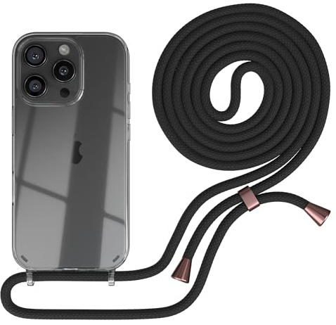 EAZY CASE Handykette kompatibel mit iPhone 16 Pro Handyhülle mit Umhängeband, Handykordel mit Schutzhülle, Silikonhülle, Hülle mit Band, Stylische Kette für Smartphones, Schwarz - Clips Rosé