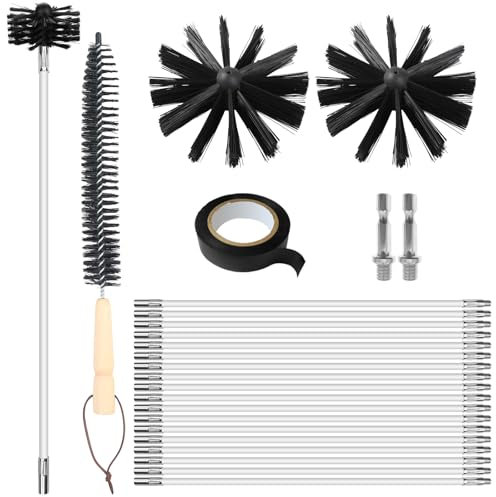 Lvjkes 24 Stk kaminbürste, Ofenrohrbürste-Reinigungsset, mit 18 Stangen 410 mm, 2 Bürstenköpfe 150 mm, 1 Holzstielbürste 38cm, 2 Sechskantstange 4,5cm, 1 Klebeband,für Kamin, Schornstein,Trocknerkanal