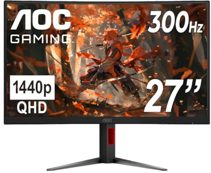 AOC CQ27G4ZH 27 Curved Gaming Monitor, QHD 2K 2560x1440, 1500R VA, 300Hz 0.3ms, HDMI x2, DP x1, Height Adjustable Stand, Xbox PS5 Switch Compatible, 3-Year Zero-Bright-dot