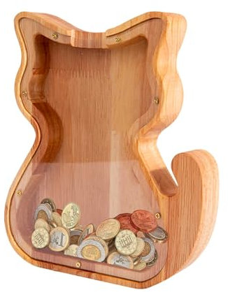 Piggy Bankfor for Adults kids Large Wooden Cat Money Savings Box with Cut-Out Design Cute Money Bank Coin Bank Creative Coin Jar for Home Decor Gift for Boyes Girls Birthday