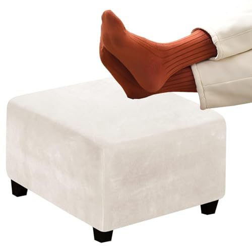 RTSFKFS Quadratisch Samt Ottoman-Bezüge, Stretch-FußHocker-Bezug, Schutz für Fußstütze, Bequemer Samt mit Elastischer Unterseite Waschbar(Ivory,16in/40x40cm)