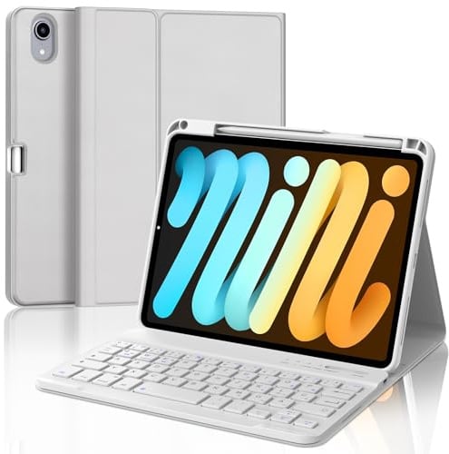 SENGBIRCH Hülle mit Tastatur für iPad mini 7 (A17Pro) 8.3 2024 - QWERTZ Deutsche Tastatur Abnehmbare Bluetooth Wireless Keyboard für iPad mini 6 8.3 Zoll, Hellgrau