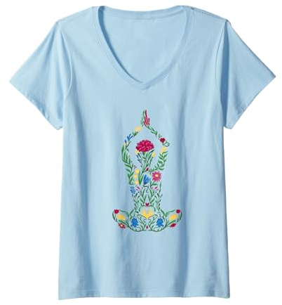 Damen Yoga Meditation Mandala Motiv Spiritualität Lotus T-Shirt mit V-Ausschnitt