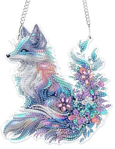MOGTAA 5D Fuchs Diamond Painting Anhänger, Tiere Diamond Painting mit Kette Kinder Erwachsene, Diamant Painting Fensterbilder, Hängende Ornament Bastelset Set für Wand Und Eingang Decor