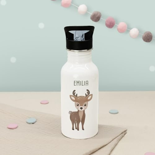 Hellomini Personalisierte Kinder-Trinkflasche 500ml – Edelstahl, Weiß, mit Trinkhalm & Wunschname – viele süße Tiermotive – Thermoflasche Schule Kita (Reh, 500 ml)