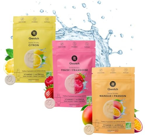 Qwetch SOLID DRINKS BIO – 36 Pastilles d'hydratation avec Vitamine C Naturelle – Boisson Sans Sucres, Sans Calories – Saveurs Citron, Mangue&Passion, Fraise&Framboise – Vegan, Fabriqué en France