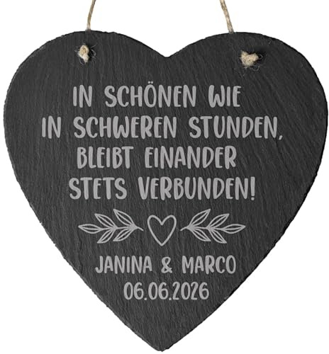 4youDesign | Schieferherz zur Hochzeit „2 Zweige & IN GUTEN STUNDEN“ – personalisierbar mit Namen & Datum – liebevolles Geschenk aus echter Schieferplatte für Brautpaare & Hochzeitsfeiern