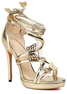Veelau Meieer Sandalias de tacón de aguja para mujer con plataforma con cordones y tacón alto con mariposa 3D, dorado, 37 EU