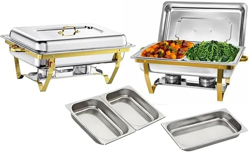 9.5L Chafing Dish Buffet Set, Stainless Steel Food Warmer with 1 Full-Size Pan, 2 Half-Size Pans, Lid, Water Pan, Foldable Gold Frame & Fuel Holders, for Parties, Catering & Holiday Events