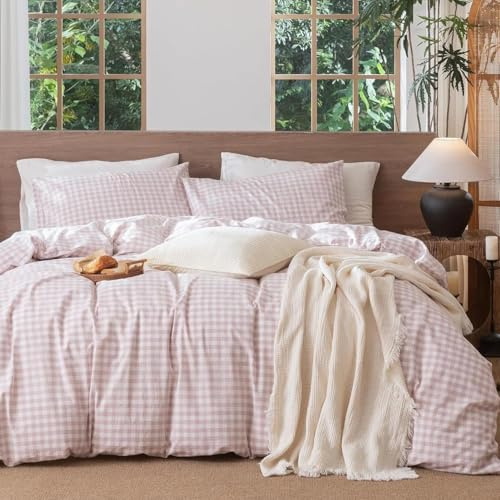Lanqinglv Vichy Housse de Couette 220x240 Rose à Carreaux Parure de lit Adulte 2 Personnes en Microfibre Classique Housses de Couettes avec Fermeture Éclair et 2 Taies d'oreiller 65x65cm