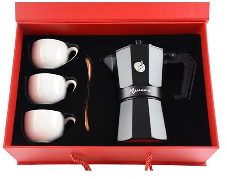 Generisch Espressokocher Geschenkset 6 Tassen – Klassischer Mokapot für Herd – Mokkakanne aus Aluminium inkl. 3 Espressotassen & Löffel – Edles Kaffee Geschenk