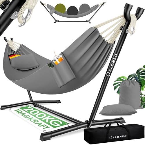 ELONEO Hängematte mit Gestell für 2 Personen | 200 kg Belastbarkeit | höhenverstellbares Hängemattengestell Outdoor und Indoor | Hammock inklusive Kissen, Tragetasche und Beutel