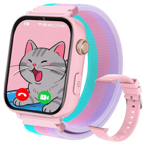 PTHTECHUS Smartwatch für Kinder, 4G GPS Kinder Smartwatch Uhr Telefon Video und Voice Smart Familienchat SMS WiFi, SOS Sport Schrittzähler Spiele, Kindergeschenke Armbanduhr Uhr für ab 4 Jahren, Rosa