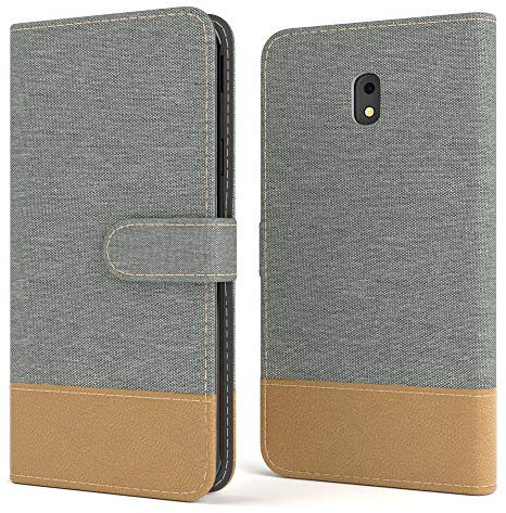 EAZY CASE Tasche kompatibel mit Samsung Galaxy J3 (2017) Stoff Schutzhülle mit Standfunktion Klapphülle Bookstyle, Handytasche Handyhülle mit Magnetverschluss und Kartenfach, Kunstleder, Hellgrau