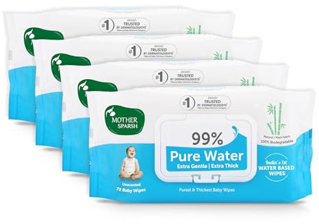 Mother Sparsh Unscented 99% Pure Water (Unscented) Baby Wipes, 72 Baby Wipes, Blue (Pack of 4)