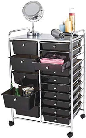 Home Treats Storage Trolley On Wheels | Black 15 Drawer Storage Unit For Salon, Beauty Make Up, Home Office Organiser (15 Drawer, Black)