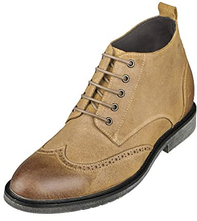 CALTO Scarpe rialzate invisibili da uomo uomo con altezza rialzata - Stivali alari in pelle marrone chiaro premium con lacci - 3 pollici più alti - S3652 - Taglia 8