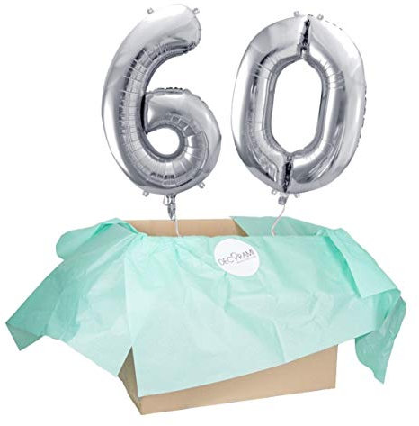 DECORAMI - celebrate happy times XXL Zahlen Luftballon 60, Silber, Zahlenballon mit Helium gefüllt, 86cm, Heliumballons im Karton zum Geburtstag und Jubiläum