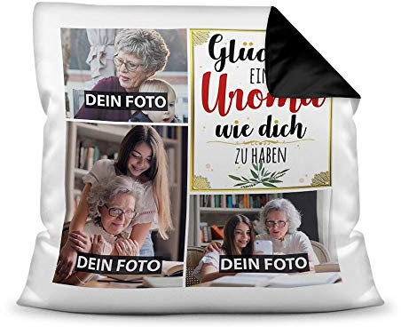 PR Print Royal Kissen mit Füllung - Fotocollage selbst gestalten mit Spruch für Uroma - GLÜCK - mit DREI eigenen Fotos - Geschenkidee Fotokissen - Farbkissen Rückseite Schwarz