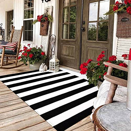 Black and White Striped Area Rug - 35.4 x 59 Inches, Hand-Woven, Machine Washable, Indoor/Outdoor Layered Door Mats for Entryway/Bedroom