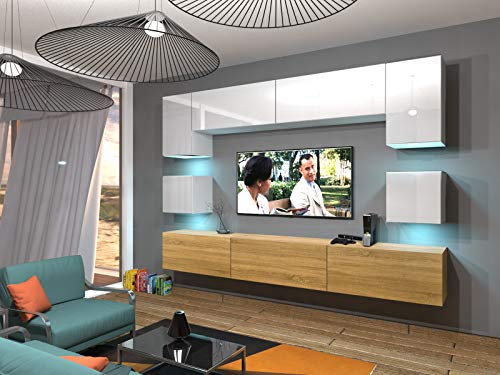 Furnitech Wohnwand Wohnzimmer | Wohnzimmer Möbel mit LED RGB - 16 Farben | Hängend Wohnwand Modern | Wohnzimmer Schrankwand mit Regale und TV Schrank (Nowara AN1-17WD-HGM46 1B)