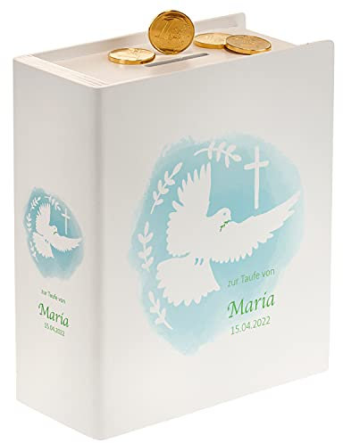 Geschenke 24 Sparbuch, Spardose aus Holz personalisiert zur Taufe | Taufgeschenk für Jungen und Mädchen | Idee für Geldgeschenke | Geschenk für Kinder Motiv Taube-Aquarell | 18x15x7cm Weiß