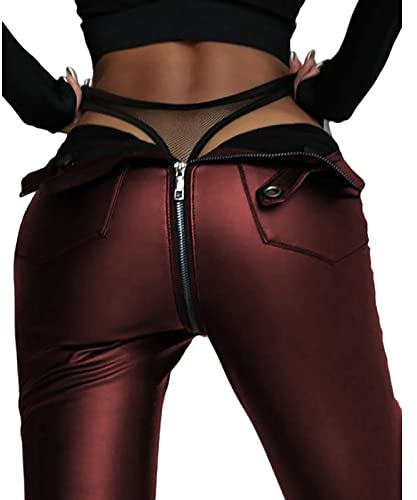 Mintao Pantaloni da Donna in Pelle con Cerniera Posteriore, Pantaloni Leggings Elastici in Pelle PU, Pantaloni Skinny Neri Sexy, Leggings a Vita Alta in Ecopelle per Donna