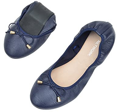 ERLINGO Chaussures de danse pliables pour femme avec nœud papillon - Antidérapantes - Pour mariages et fêtes, bleu marine, 38 EU
