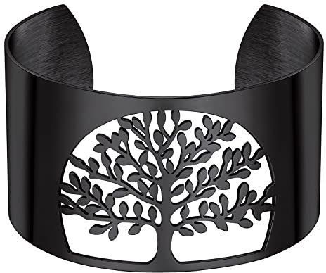 FOCALOOK Bracelet Manchette Arbre de Vie Femme Noir 4CM Cuff Bangle