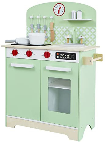 Liberty House Toys Kids Wooden Retro Play Kitchen with Role Play Accessories – Green and White