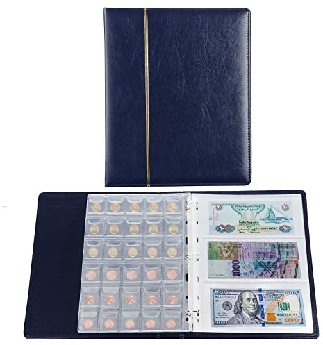 TsunNee Münzsammelalbum 150 Taschen, Ledereinband Münzsammelhalter Buch, Münzaufbewahrungsalbum mit 24 Taschen Bill Gedenkgeld Penny Halter für Sammler, Blau