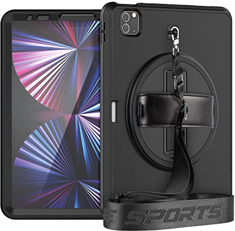 Funda para iPad Air 5/Air 4 de 10.9 pulgadas 2022 2020, iPad Pro 11 2021/2020/2018, protección resistente a los golpes, con protector de pantalla giratorio de 360°, correa de mano de cuero, soporte