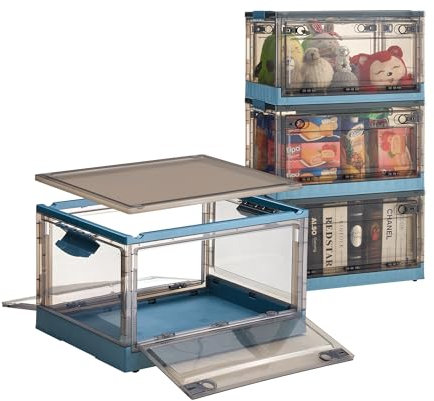 Nilpferd 3x45L faltbare Aufbewahrungsbox mit Deckel Kunststoff-Aufbewahrungsbox mit Rollen Griffen Türen Stapelbare zur Aufbewahrung von Büchern Spielzeug Kleidung Schuhen Bettwäsche(45L*3stk, Blau)