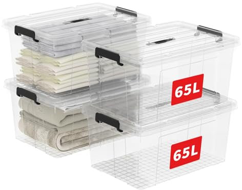 Cetomo 65L*4 Storage Boxes, Carry Plastic Storage Box with Lids, Organizing Container with Handle and Secure Latching Buckles, Stackable, Nestable, Tote Bin for Home Office Clothes, 65L-4Pack, Clear