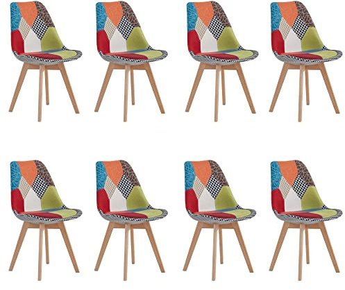 GrandCA HOME Juego de 8 Sillas de Comedor, Silla de Cocina con Estructura de Madera, Sillas Tapizadas con Asiento de Tela de Retazos (Rojo)