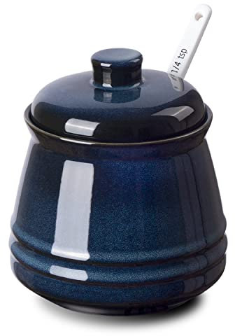 Tanirapel Porcelain Sugar Bowl, 10 oz Seasoning Cellar with Lid and Spoon, Sugar Canister for Coffee Bar, Salt Container for Kitchen, Blue