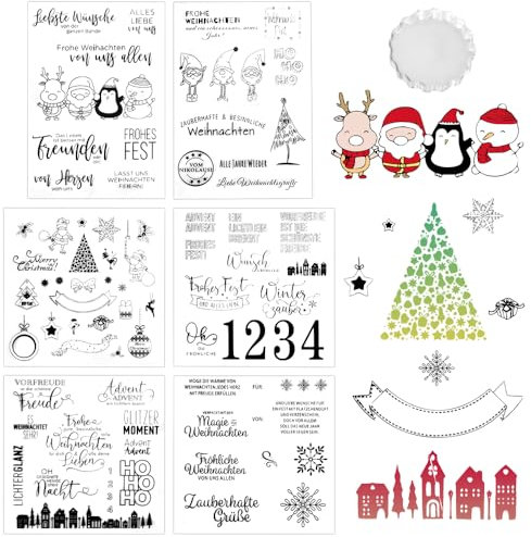 Kleemeiero 6 Blätter Silikonstempel Weihnachten Deutsch Frohe Weihnachten Stempel Weihnachts-Klarstempel Weihnachtsstempel mit Transparentes Stempelbrett für DIY Bullet Journal Scrapbooking Fotoalbum